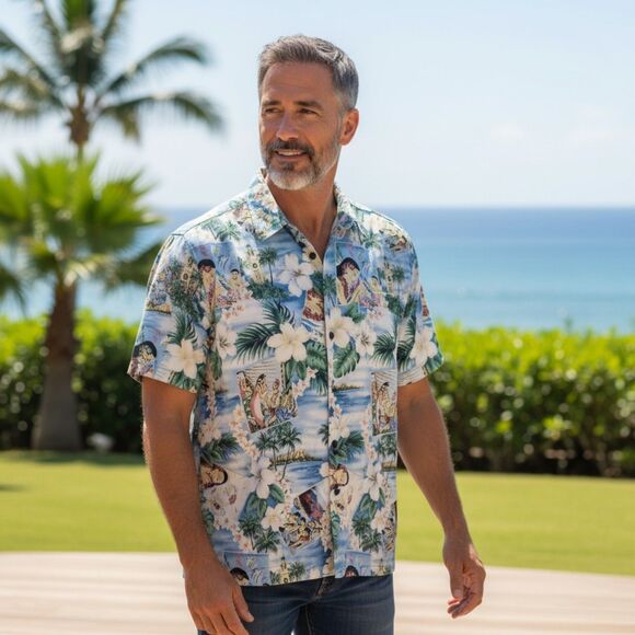 Howie Hawaiian Shirt Aloha Made In Hawaii Luau Cotton Blend Sz L Surf Hibiscus - Picture 1 of 7